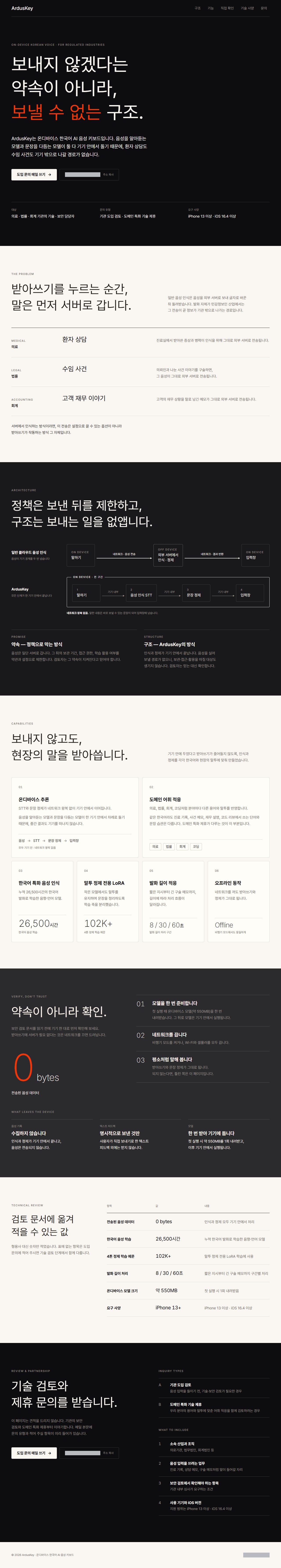 ArdusKey 도입 문의 페이지 전체. 검은 첫 화면의 헤드라인부터 구조 설명, 도입 형태, 기술 검토·제휴 문의 안내까지 이어집니다. 메일 주소는 가렸습니다.